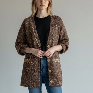 BKE Vintage 3/4 Sleeve Brown Western Cardigan Knit Salt Pepper Sweater Women's L